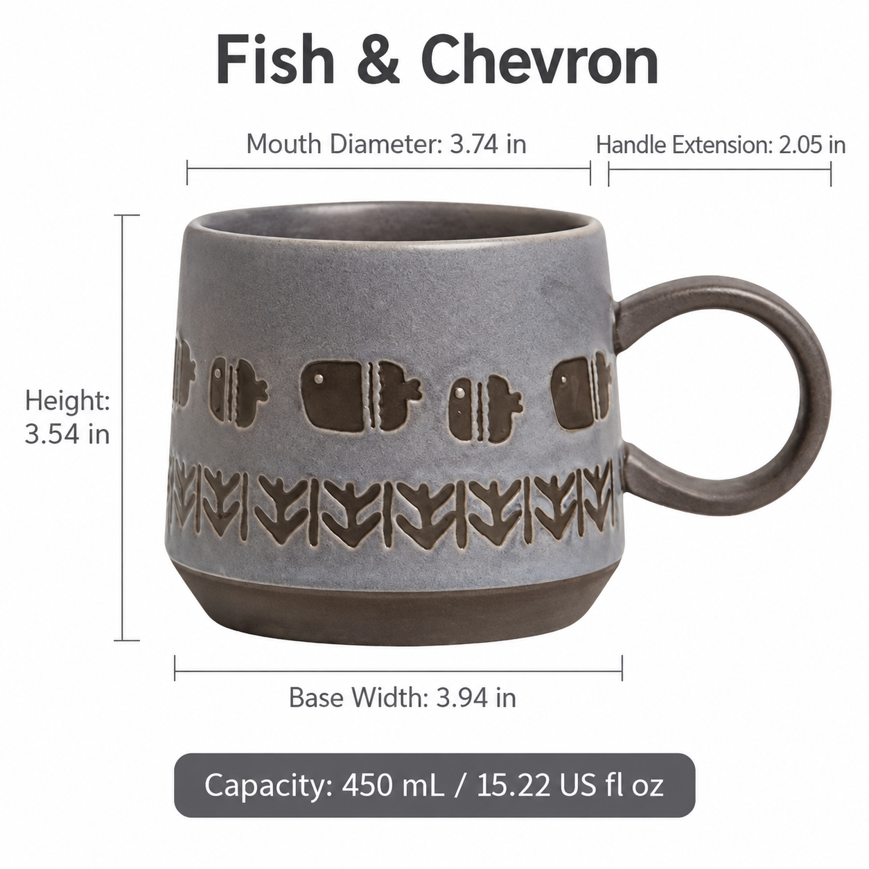 Textured Ceramic Fish Mug – Matte Grey, 450 mL